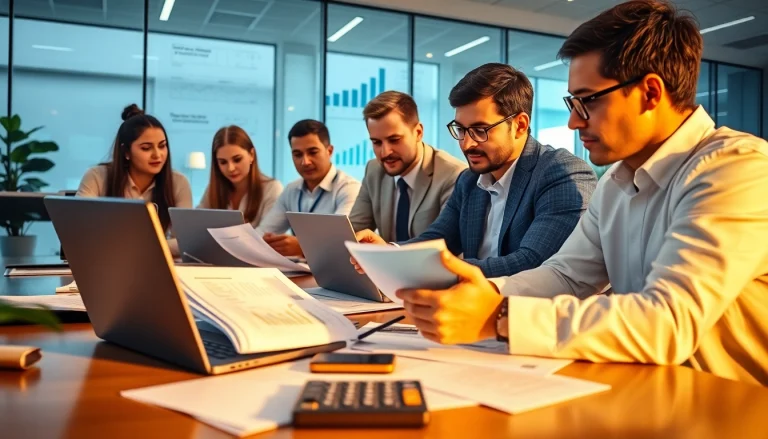 Collaborative team working on startup accounting in a bright office, showcasing financial strategies.