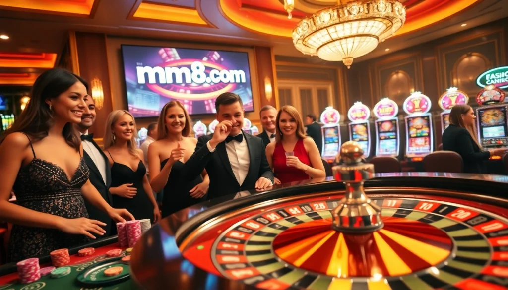 Players enjoy an exciting roulette game at mm88.com, surrounded by glowing slot machines and vibrant atmosphere.