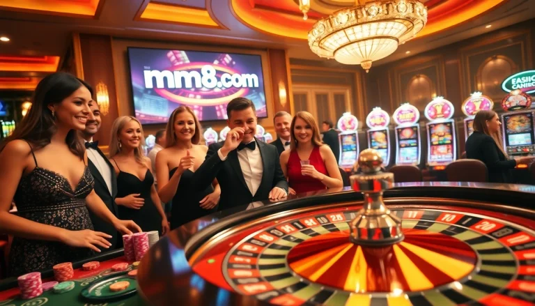 Players enjoy an exciting roulette game at mm88.com, surrounded by glowing slot machines and vibrant atmosphere.