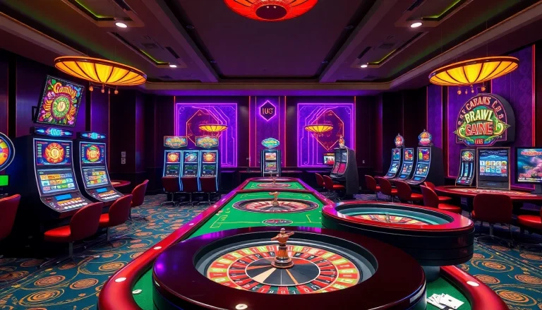 Vibrant casino scene at KJC AC 1 featuring tables, slots, and roulette.