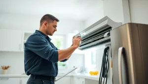 HVAC technician servicing an air conditioning unit from https://nobleheatingairservices.com in a bright kitchen.
