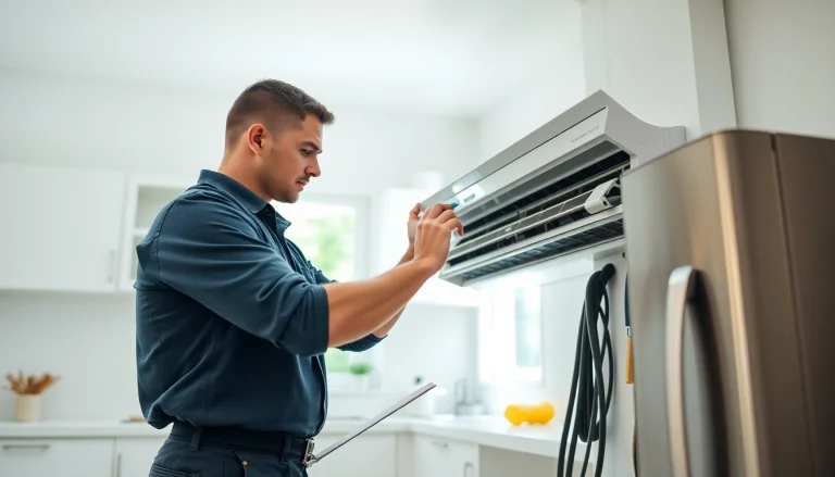 HVAC technician servicing an air conditioning unit from https://nobleheatingairservices.com in a bright kitchen.