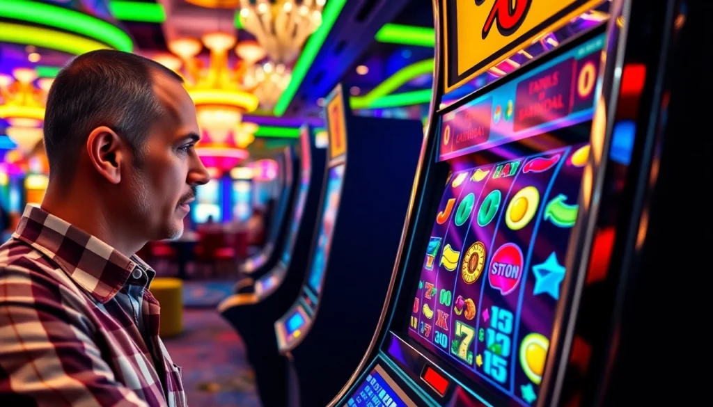 Mesin slot berputar terang di kasino dengan pemain bersemangat.