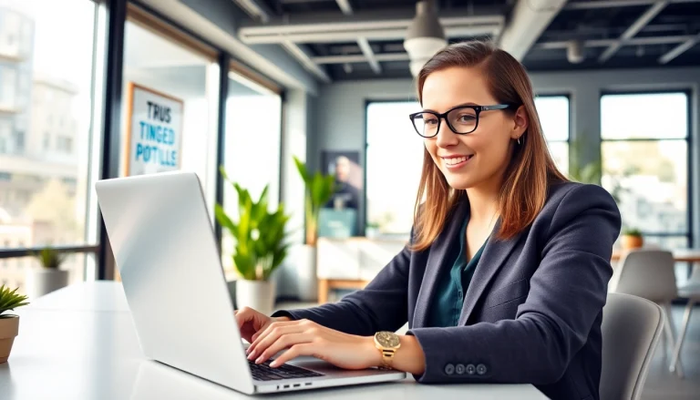 Engaging professional buying LinkedIn profiles while working in a modern office.