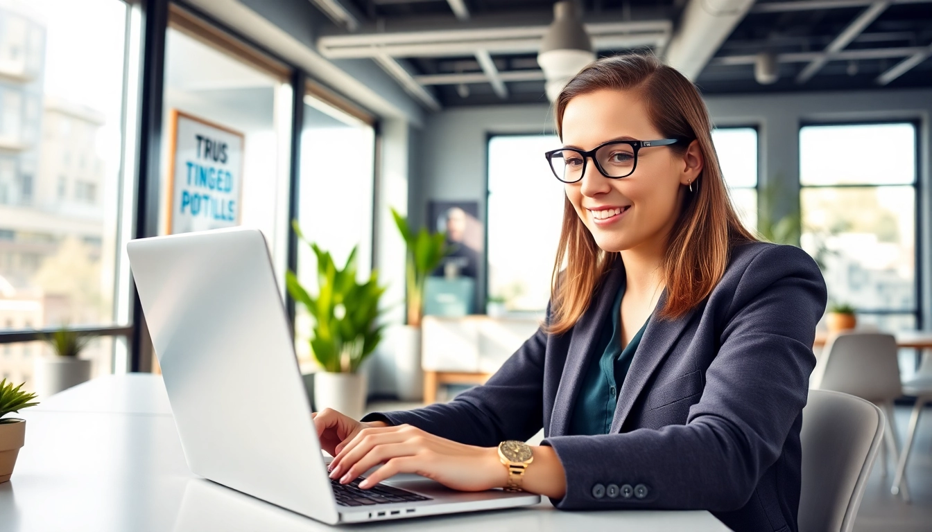 Engaging professional buying LinkedIn profiles while working in a modern office.