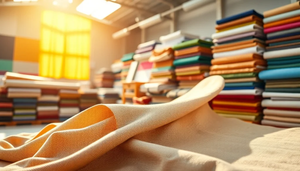 Canvas stoffen in een kleurrijke showroom, detail van de structuur en motieven.