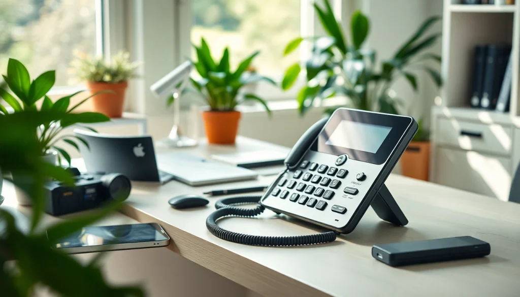 Setting up a uk home voip system with a sleek phone and modern desk.