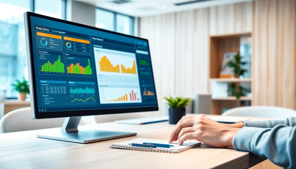 Order Entry System displayed on a computer screen with vibrant interface elements in einem modernen Büro.