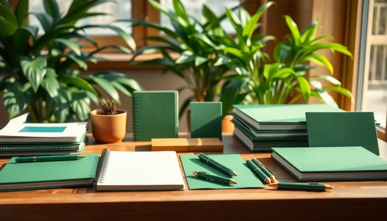 Showcase of green stationery items including notebooks and envelopes on a wooden desk.