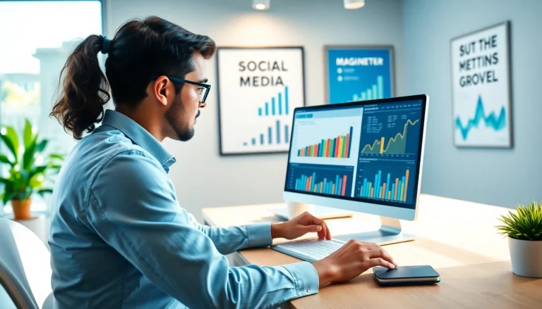 Analyzing metrics on an smm panel in a modern office setting.