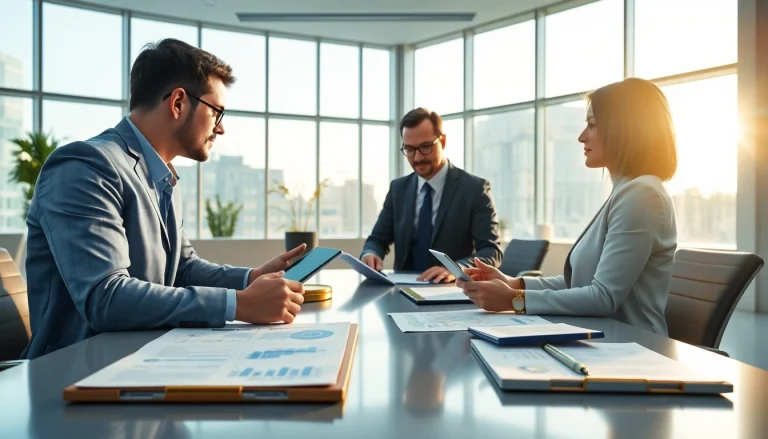 Современная офисная сцена с консультантами по страхованию 79king, обсуждающими полисы на цифровых планшетах и визуализации данных, внушающими доверие и инновации в 2025 году