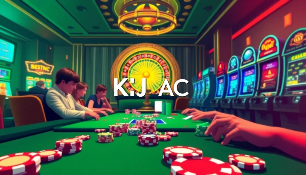 Experience thrilling poker action at KJC AC casino, showcasing vibrant poker chips and an illuminated roulette wheel.