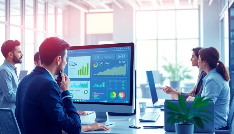 Engaging professionals analyzing data insights on DAS 142 in a modern office.