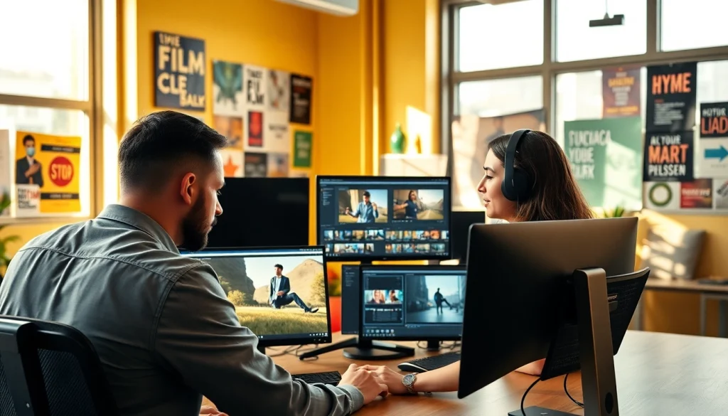 Dynamic workspace showcasing professional video editors collaborating in a modern studio.