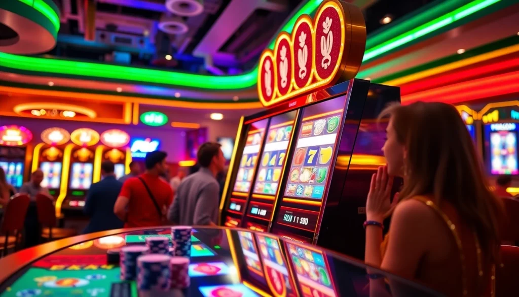 Exciting casino scene showcasing hoki138 pro slot gaming experience with modern machines and vibrant atmosphere.