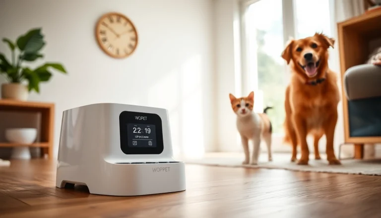A WOPET automatic pet feeder set in a cozy home, showcasing its sleek design while a cat and dog look on eagerly.