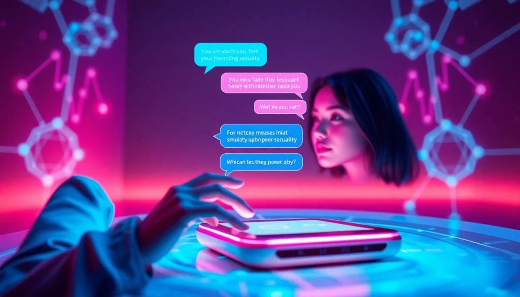 Engaging AI chatbot interface for intimate discussions on sex ai, set in a futuristic environment.