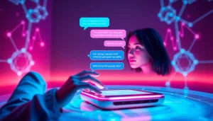 Engaging AI chatbot interface for intimate discussions on sex ai, set in a futuristic environment.