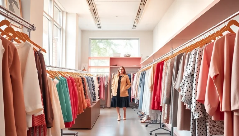 Trendy fashion store interior with stylish women's clothing and vibrant decor.