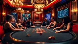 Engaging scene of เจ้ามือรับแทง F168 at a luxurious casino poker table with vibrant gameplay.
