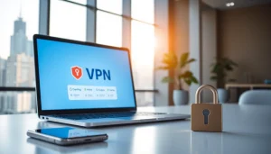 快连VPN interface displayed on a sleek laptop in a modern workspace, showcasing security and usability.