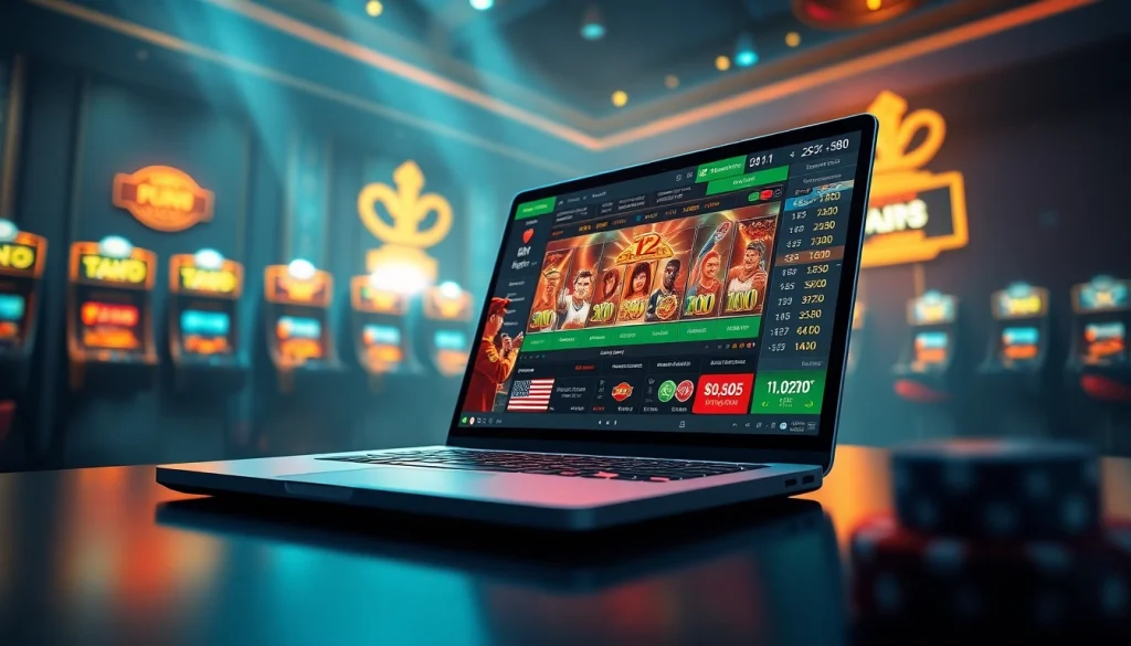 Experience thrilling online gambling at https://f8betink.io/ with vibrant visuals of a digital casino interface.