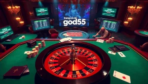 Action shots of players engaging in the online casino experience at trang cá cược god55 with poker chips and roulette wheels.