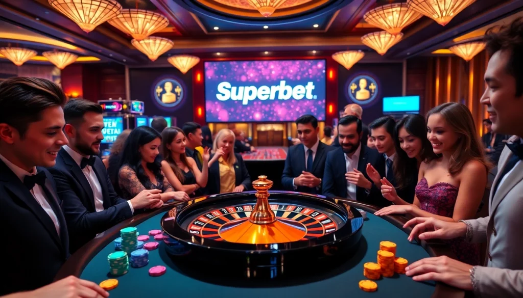 Experience the excitement of Superbet in a lively casino atmosphere with roulette and poker elements.