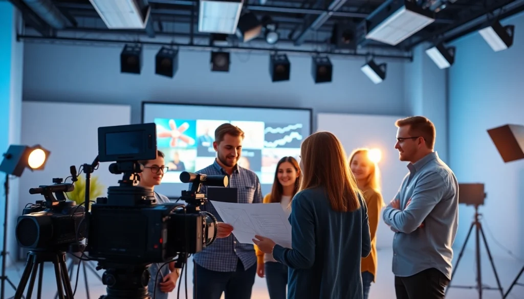 Capture the essence of Corporate Video Production through a dynamic teamwork setting in a bright studio.