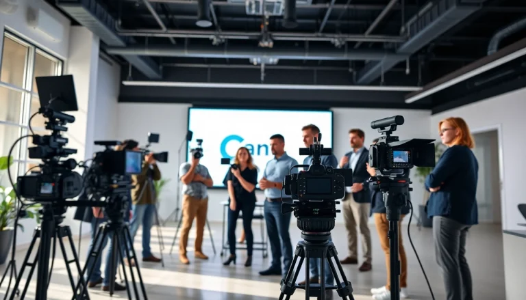 Produce high-quality Corporate Video Production with a professional team collaborating on set.