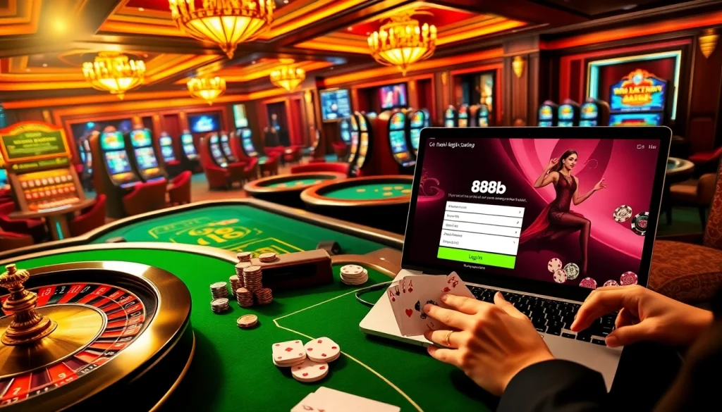 Engaging visual of logging into 888b with casino tables, poker chips, and vibrant slot machines.
