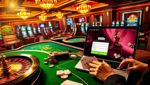 Engaging visual of logging into 888b with casino tables, poker chips, and vibrant slot machines.