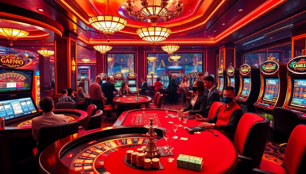 Exciting casino scene showcasing qq88 lừa đảo không ? with roulette, poker, and slot machines.