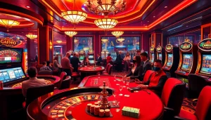 Exciting casino scene showcasing qq88 lừa đảo không ? with roulette, poker, and slot machines.