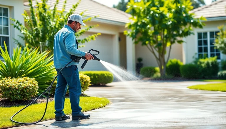 Pressure wash technician effectively cleaning a driveway in Kissimmee, FL, showcasing professional service.