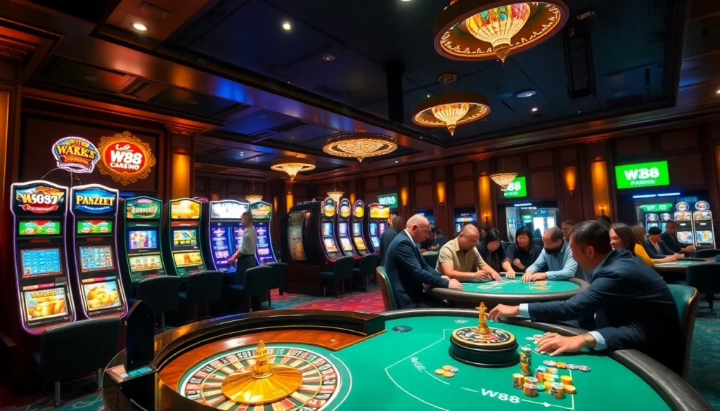 Experience the luxury of W88 casino gaming with vibrant slot machines and thrilling poker tables.