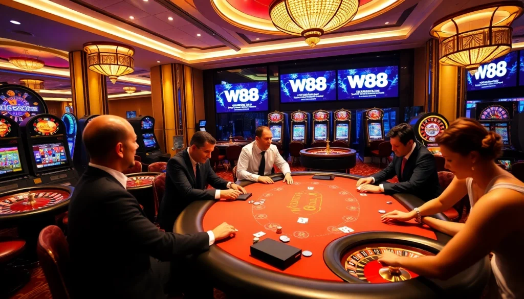 W88 players enjoying a high-stakes poker game in a luxurious casino environment.