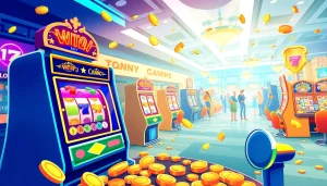Permainan slot online petanitoto yang menarik dengan mesin slot berwarna-warni dan suasana yang ceria.