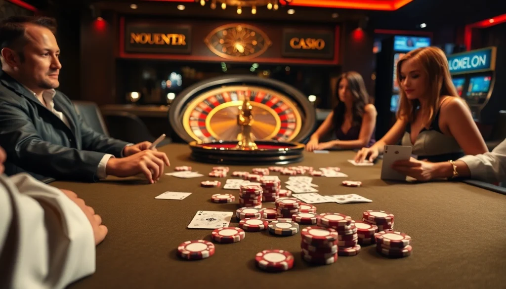 Engaging poker players enjoying a game at https://bong99.pro/ with vibrant chips and a spinning roulette wheel.