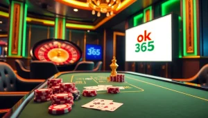 Experience thrilling casino action with ok 365 at an elegant gaming table surrounded by poker chips and vibrant roulette wheels.
