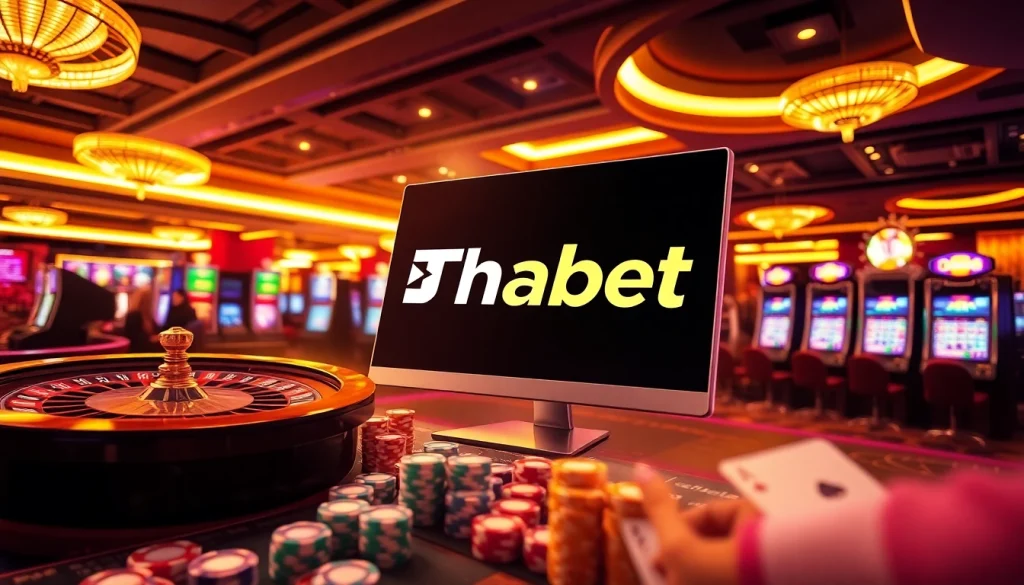 Thabet online gambling interface showcasing poker chips and roulette wheels for excitement.