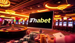 Thabet online gambling interface showcasing poker chips and roulette wheels for excitement.