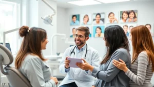 Engaged orthodontist near me consulting with patients in a bright, welcoming dental office.