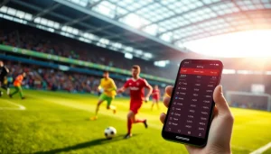 Taruhan judi bola di smartphone dengan pertandingan sepak bola yang intens di latar belakang