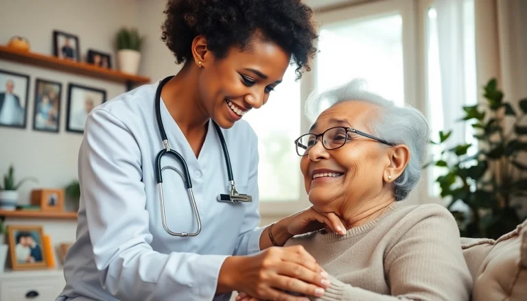 Engaging scene of senior care austin tx with caregiver helping an elderly person in a home.