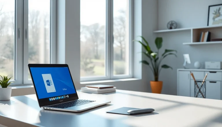 Modern home office showcasing WPS下载 on a laptop, with a productive ambiance.