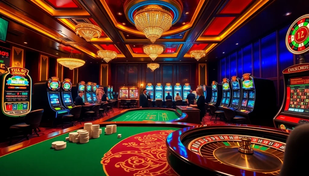 Experience the vibrant gambling scene at Hi88 Com with players enjoying poker, slots, and roulette.