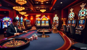 S8 casino scene with luxurious gaming tables, vibrant poker chips, and exciting roulette wheels.