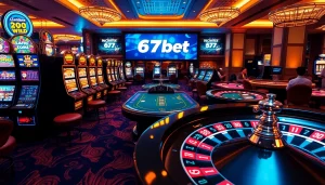 Exciting gameplay at 67bet's vibrant online casino with engaging slot machines and poker tables.
