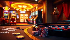 Engaging scene of a luxurious casino showcasing Hay88 poker chips and roulette wheels.